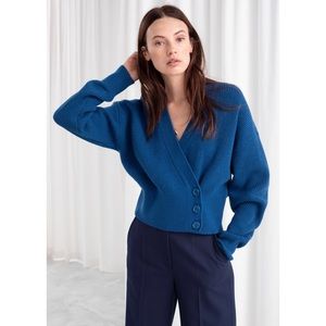 & OTHER STORIES Wool Blend Ribbed Knit Wrap Cardigan Blue M